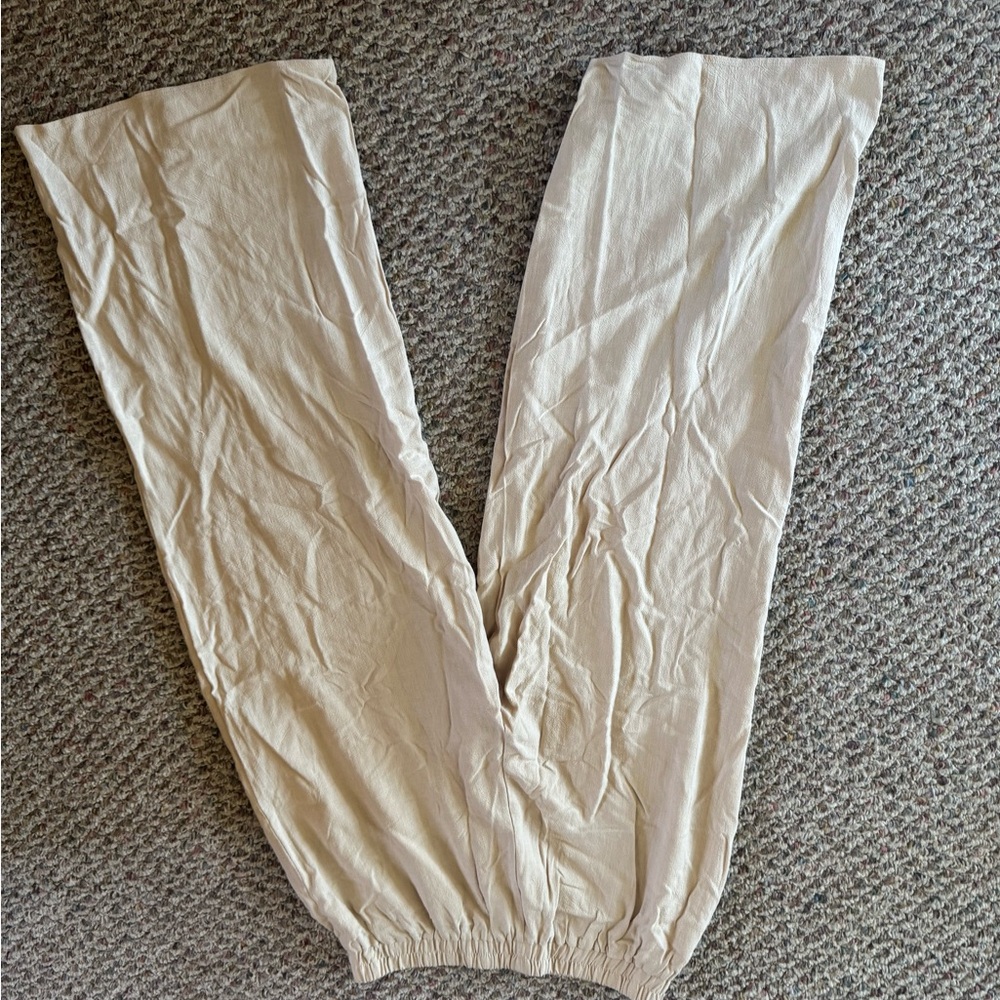 Beige Wide-Leg Linen Pants - Picture 3 of 3